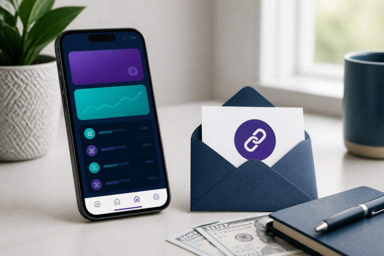 Smartphone and referral link on a desk for an Ally Bank referral guide