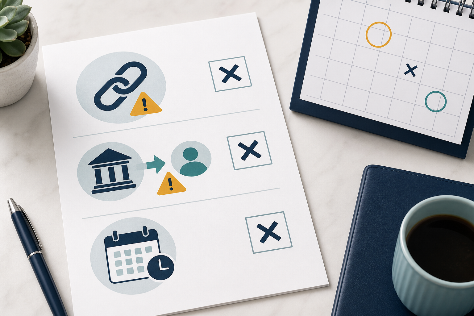 Checklist illustration of referral link, funding and deadline mistakes to avoid