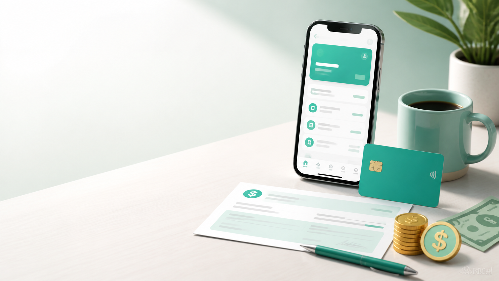Smartphone banking app, debit card, paycheck, and coins representing the Chime referral bonus