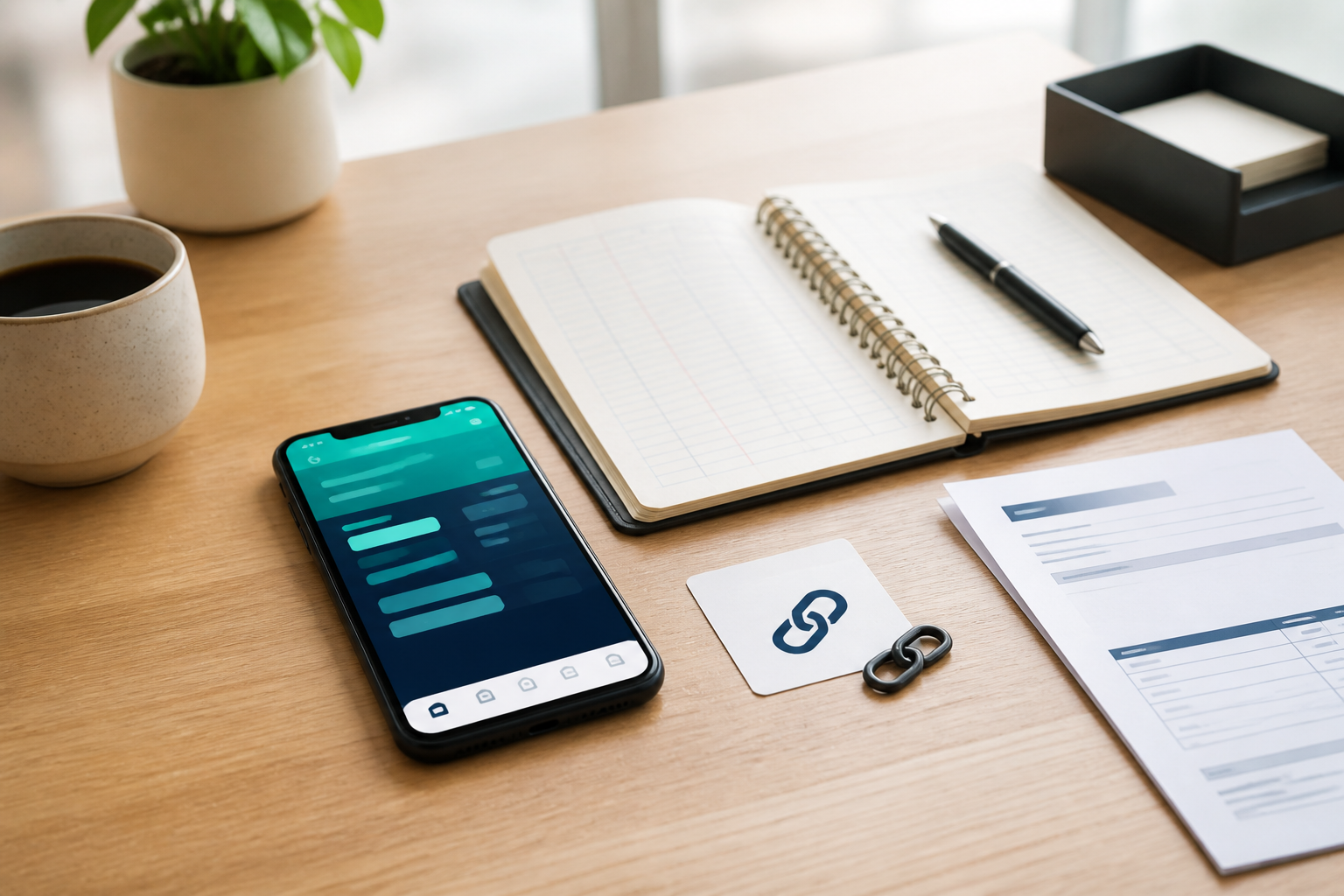 Business banking workspace with smartphone and referral link for a Novo referral bonus guide